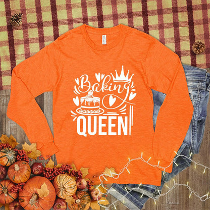 Baking Queen Long Sleeves Orange - Graphic long sleeve tee with whimsical baking design showcasing rolling pin and whisk