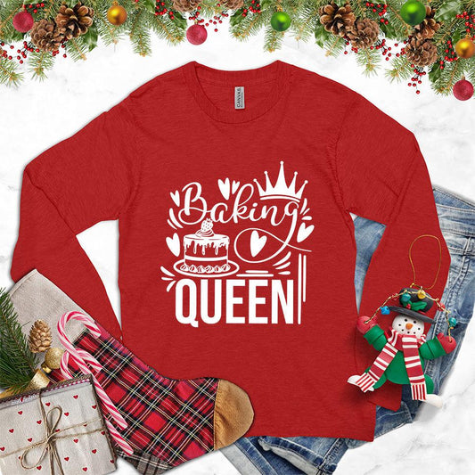 Baking Queen Long Sleeves Red - Graphic long sleeve tee with whimsical baking design showcasing rolling pin and whisk