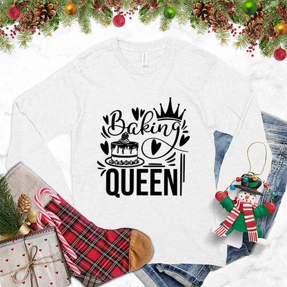 Baking Queen Long Sleeves White - Graphic long sleeve tee with whimsical baking design showcasing rolling pin and whisk