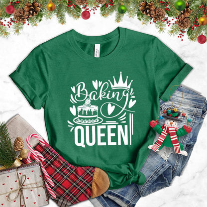 Baking Queen T-Shirt Heather Grass Green - Illustrated Baking Queen graphic tee with whimsical cake and crown design, perfect for style-savvy bakers.