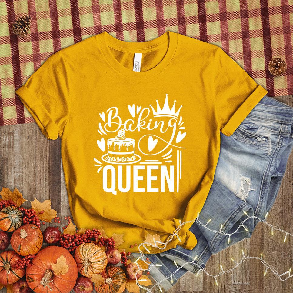 Baking Queen T-Shirt Heather Mustard - Illustrated Baking Queen graphic tee with whimsical cake and crown design, perfect for style-savvy bakers.