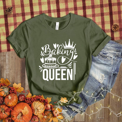 Baking Queen T-Shirt Military Green - Illustrated Baking Queen graphic tee with whimsical cake and crown design, perfect for style-savvy bakers.