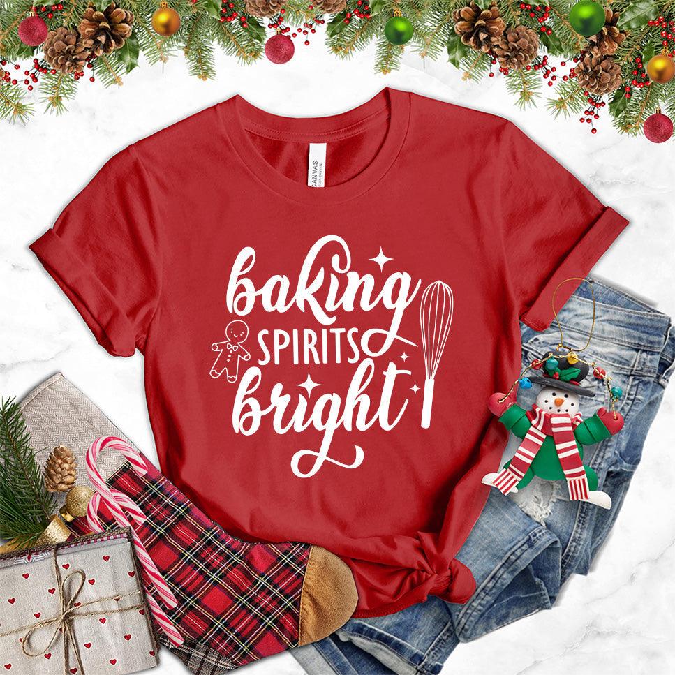 Baking Spirits Bright T-Shirt Canvas Red - Illustrated 'Baking Spirits Bright' text with festive kitchen utensils design on tee