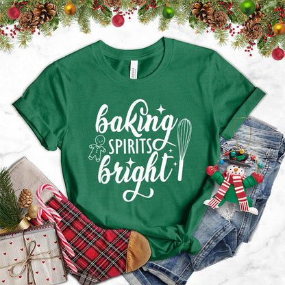 Baking Spirits Bright T-Shirt Heather Grass Green - Illustrated 'Baking Spirits Bright' text with festive kitchen utensils design on tee