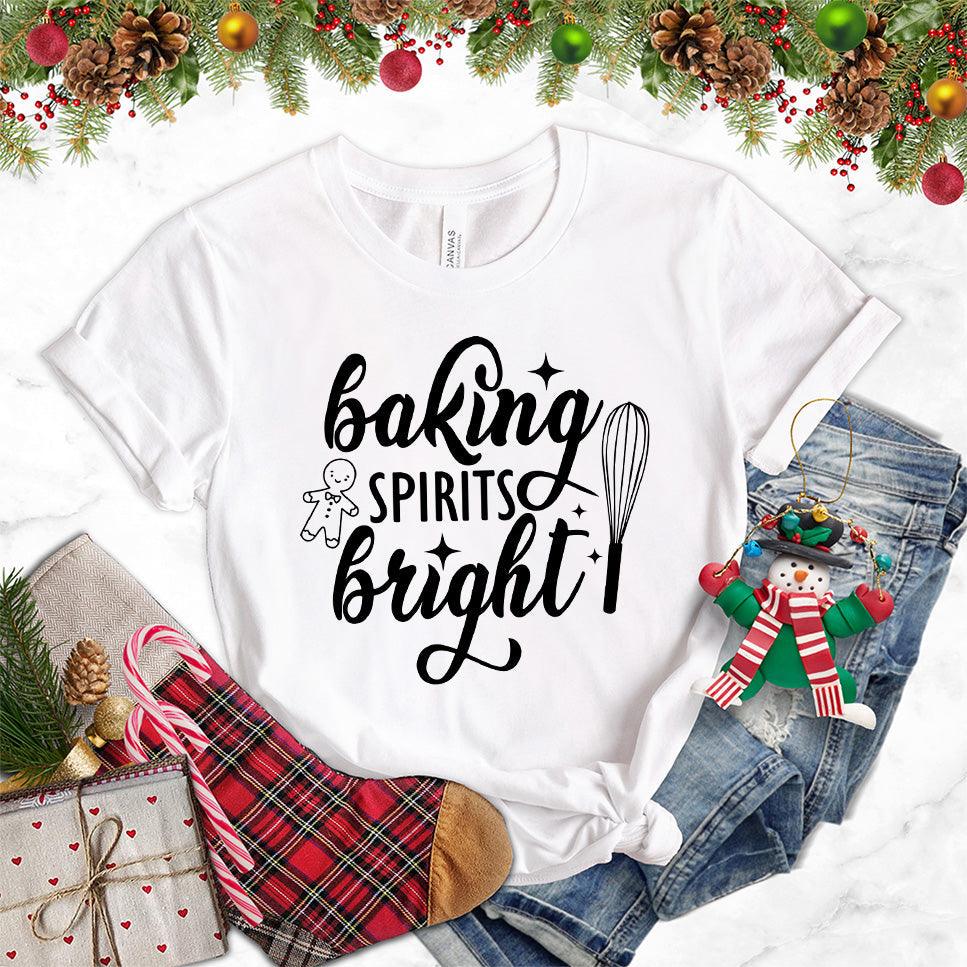 Baking Spirits Bright T-Shirt White - Illustrated 'Baking Spirits Bright' text with festive kitchen utensils design on tee
