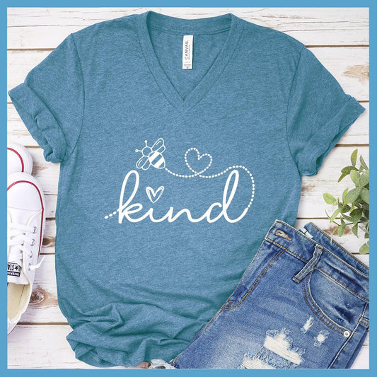 Bee Kind V-Neck Heather Deep Teal - Bee Kind script on V-neck tee with heart and bee details for positive fashion statement.