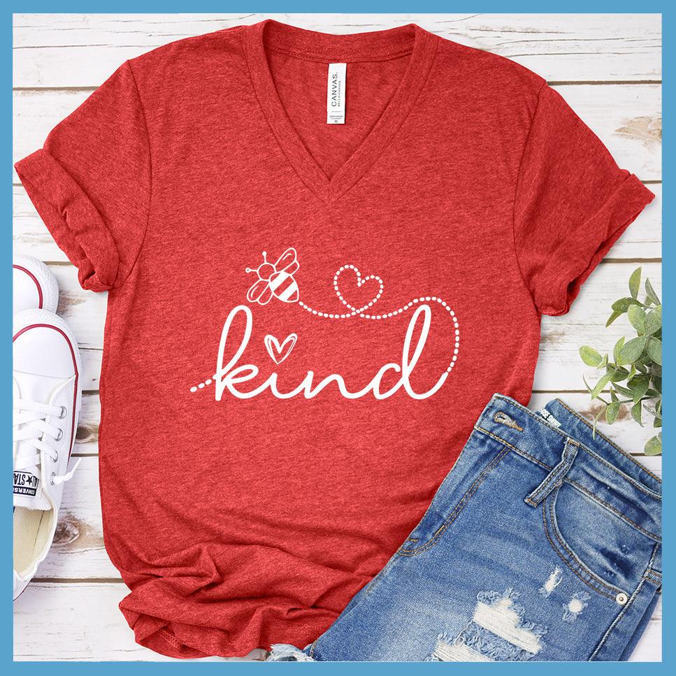 Bee Kind V-Neck Heather Red - Bee Kind script on V-neck tee with heart and bee details for positive fashion statement.