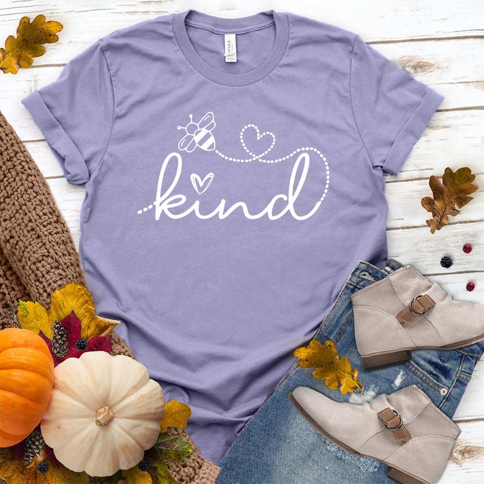 Bee Kind T-Shirt Dark Lavender - Bee Kind slogan graphic tee with heart and bee design promoting positivity.