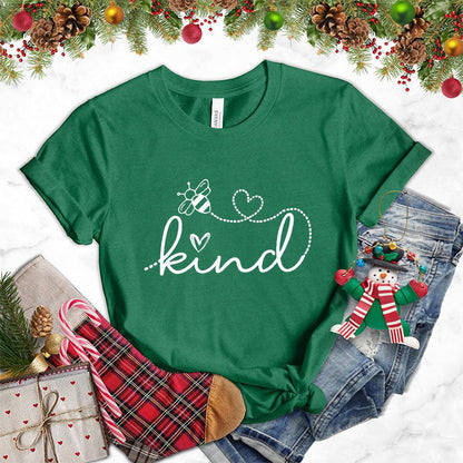 Bee Kind T-Shirt Heather Grass Green - Bee Kind slogan graphic tee with heart and bee design promoting positivity.