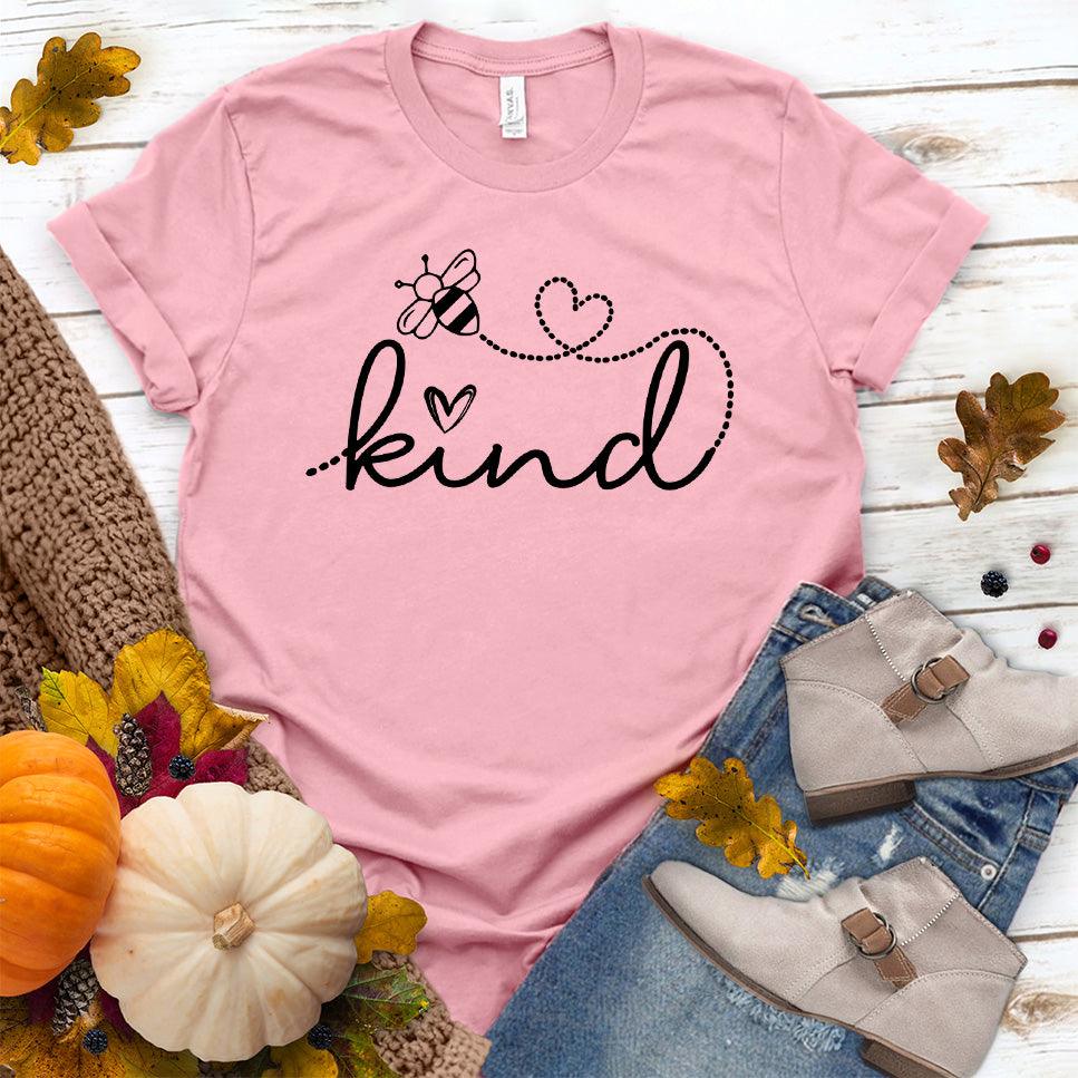 Bee Kind T-Shirt Pink - Bee Kind slogan graphic tee with heart and bee design promoting positivity.