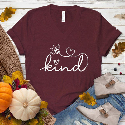 Bee Kind V-Neck Heather Cardinal - Bee Kind script on V-neck tee with heart and bee details for positive fashion statement.