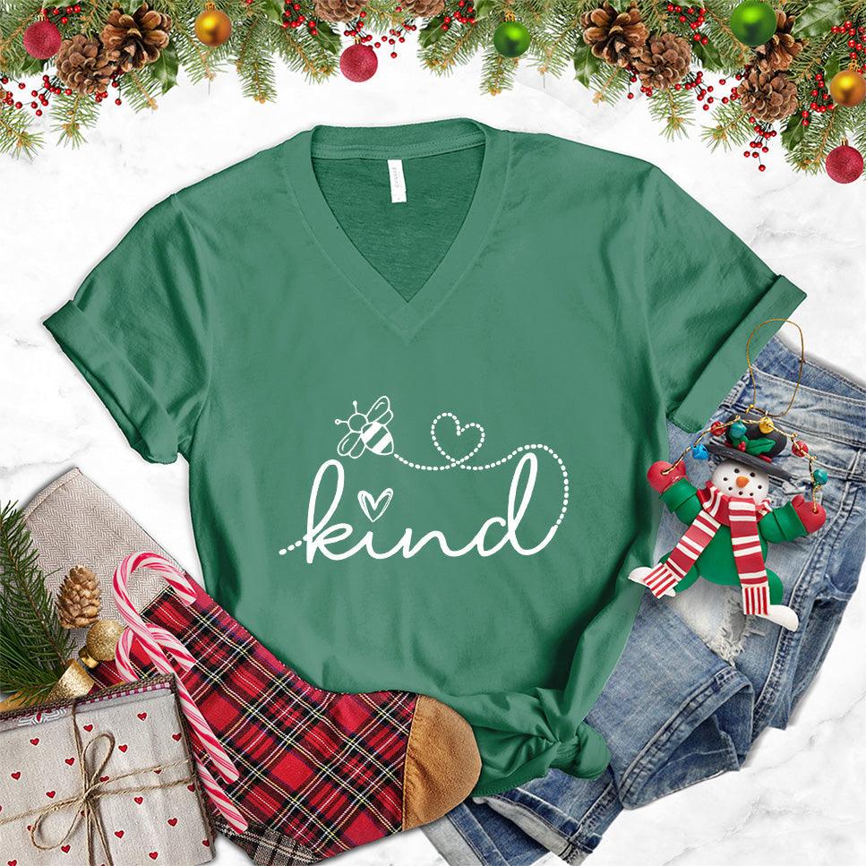 Bee Kind V-Neck Kelly - Bee Kind script on V-neck tee with heart and bee details for positive fashion statement.