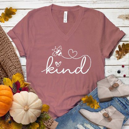 Bee Kind V-Neck Mauve - Bee Kind script on V-neck tee with heart and bee details for positive fashion statement.
