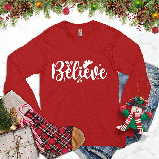 Believe Version 2 Long Sleeves Red - Inspirational Believe script design on long sleeve shirt perfect for versatile styling.