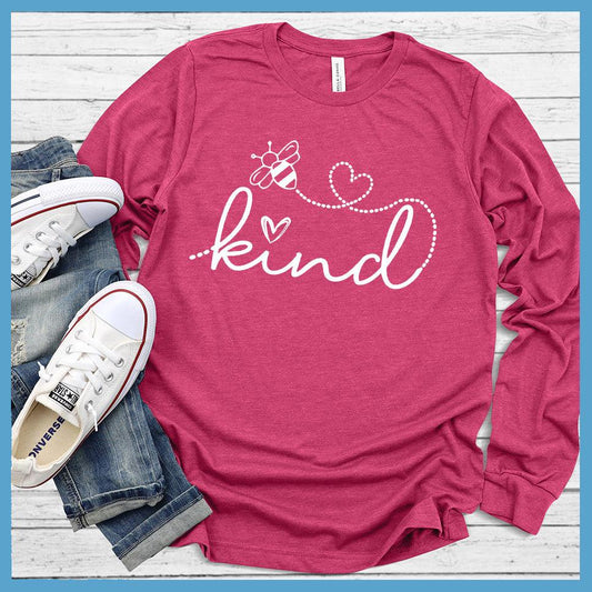 Bee Kind Long Sleeves Berry - Graphic Bee Kind long sleeve tee with heart design promoting positivity and kindness.