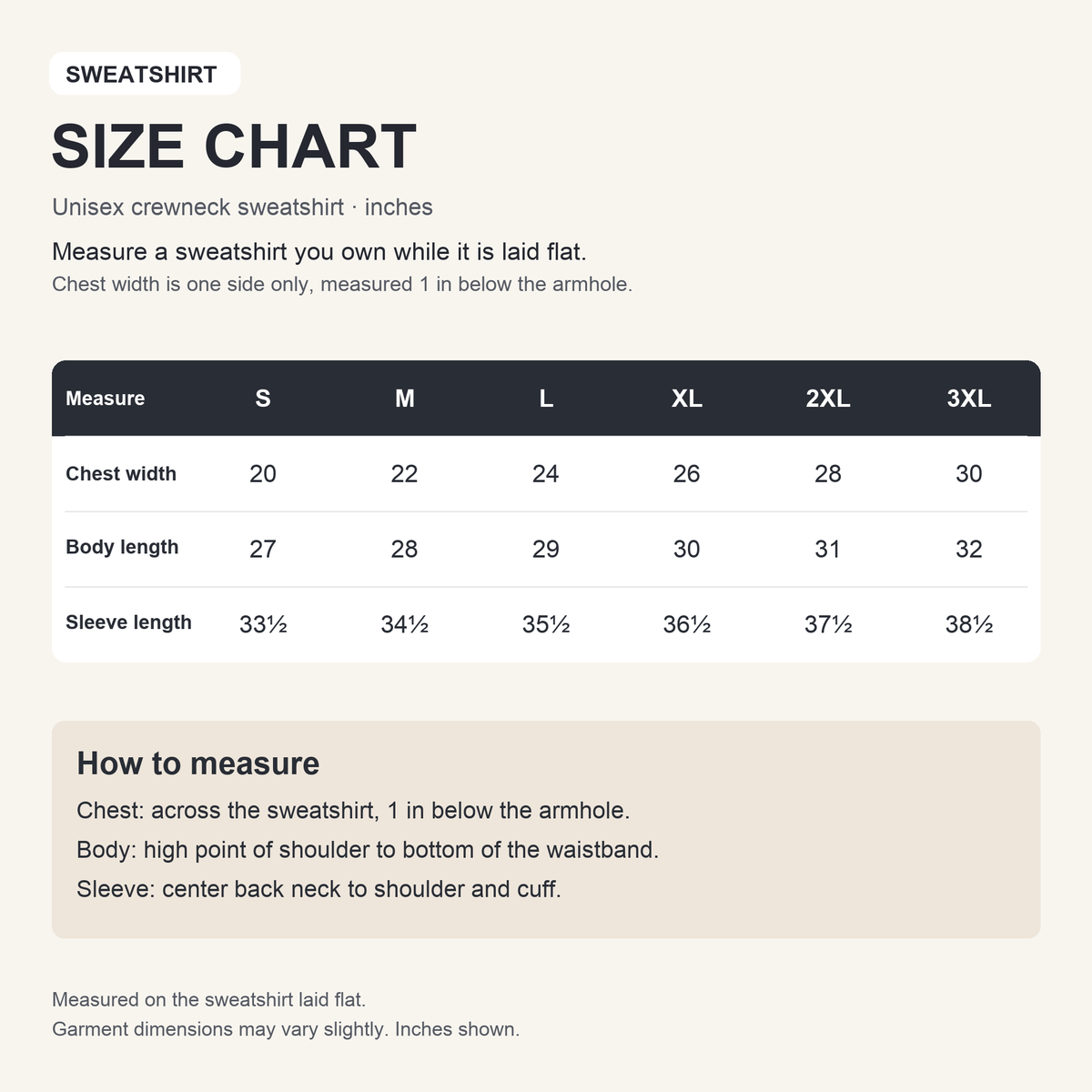 Sweatshirt size chart, S through 3XL