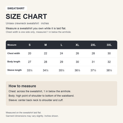 Sweatshirt size chart, S through 3XL
