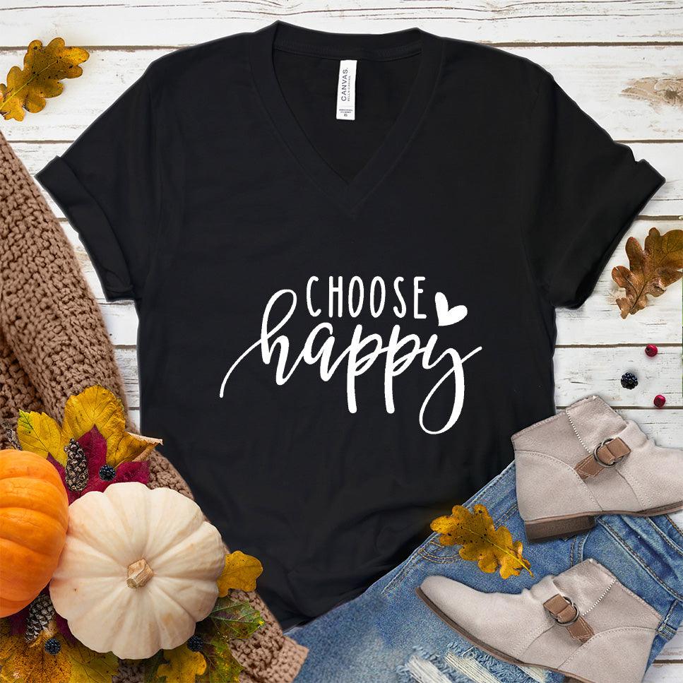 Choose Happy V-Neck Black - "Choose Happy" inspirational V-neck tee in soft fabric perfect for versatile styling.