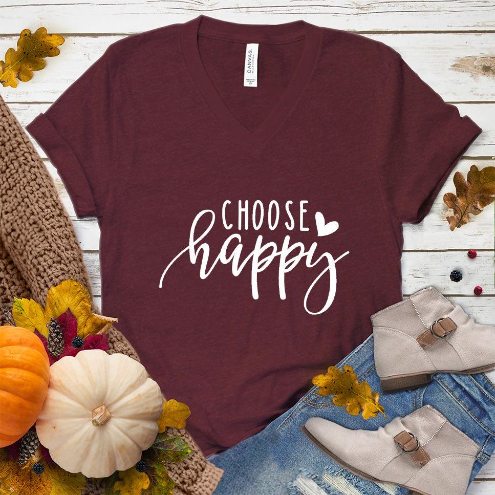 Choose Happy V-Neck Heather Cardinal - "Choose Happy" inspirational V-neck tee in soft fabric perfect for versatile styling.