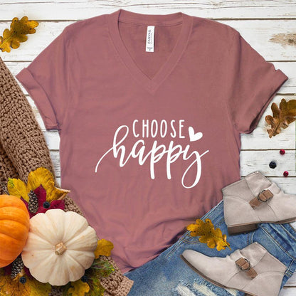 Choose Happy V-Neck Mauve - "Choose Happy" inspirational V-neck tee in soft fabric perfect for versatile styling.