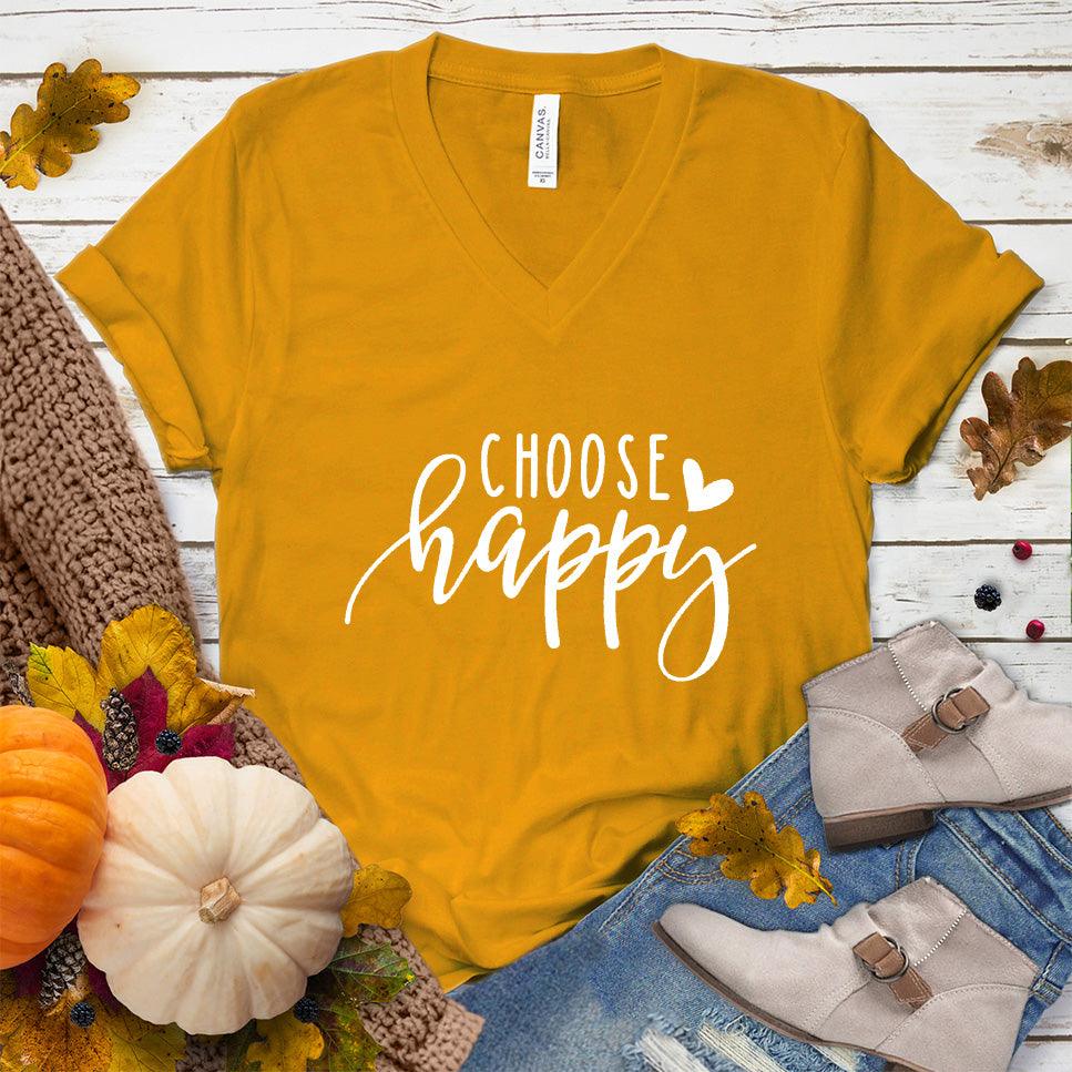 Choose Happy V-Neck Mustard - "Choose Happy" inspirational V-neck tee in soft fabric perfect for versatile styling.
