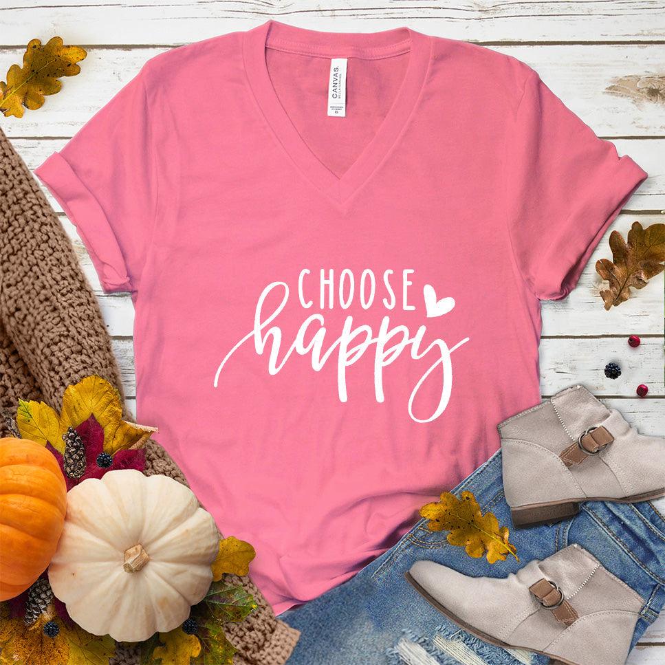 Choose Happy V-Neck Neon Pink - "Choose Happy" inspirational V-neck tee in soft fabric perfect for versatile styling.