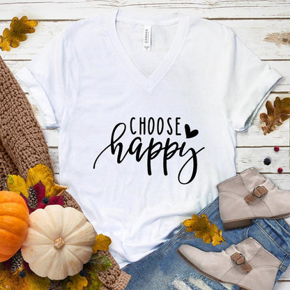 Choose Happy V-Neck White - "Choose Happy" inspirational V-neck tee in soft fabric perfect for versatile styling.