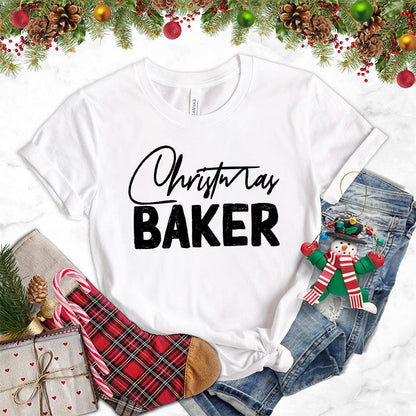 Christmas Baker T-Shirt White - Festive Christmas Baker themed t-shirt with fun holiday graphic