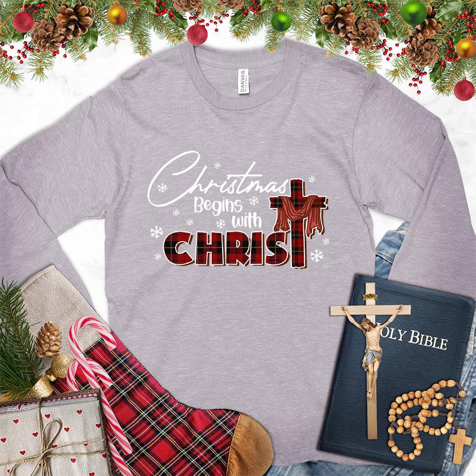 Christmas Begins With Christ Colored Edition Long Sleeves Storm - Long-sleeved holiday shirt with "Christmas Begins With Christ" design, festive and faith-inspired.