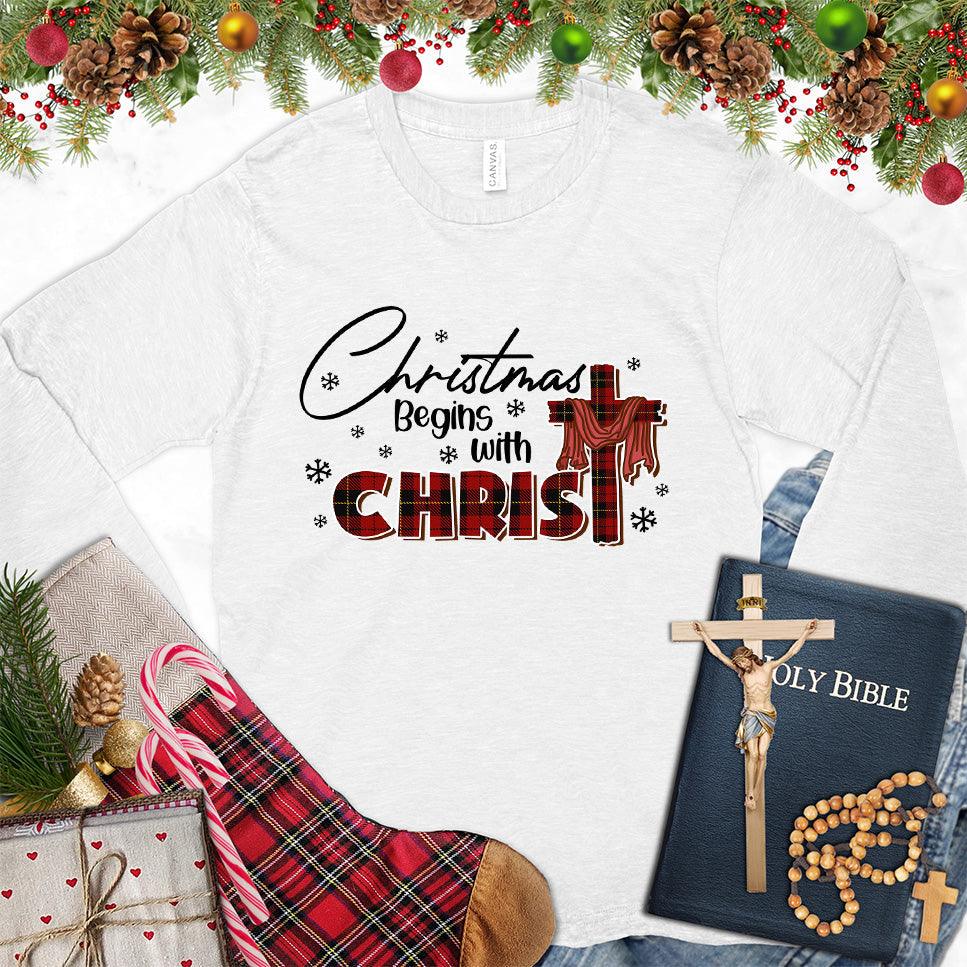 Christmas Begins With Christ Colored Edition Long Sleeves White - Long-sleeved holiday shirt with "Christmas Begins With Christ" design, festive and faith-inspired.
