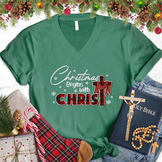Christmas Begins With Christ Colored Edition V-Neck - Brooke & Belle