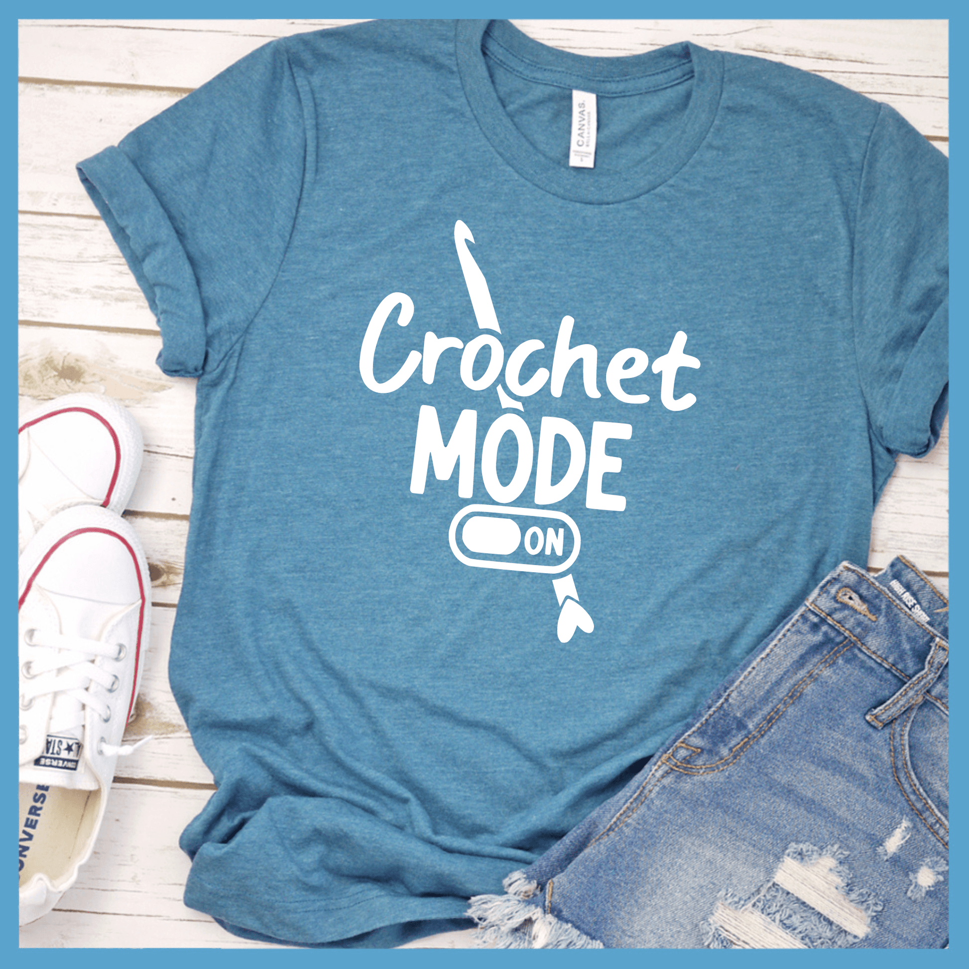 Crochet Mode ON T-Shirt Heather Deep Teal - Crochet Mode ON T-Shirt with playful lettering for crafting enthusiasts.