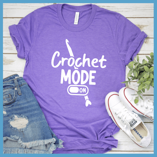 Crochet Mode ON T-Shirt Heather Purple - Crochet Mode ON T-Shirt with playful lettering for crafting enthusiasts.