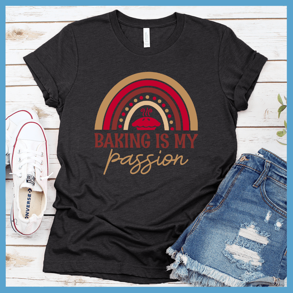 Baking Is My Passion T-Shirt Colored Edition Dark Grey Heather - Graphic tee with 'Baking Is My Passion' text and colorful whisk design, perfect for culinary enthusiasts.