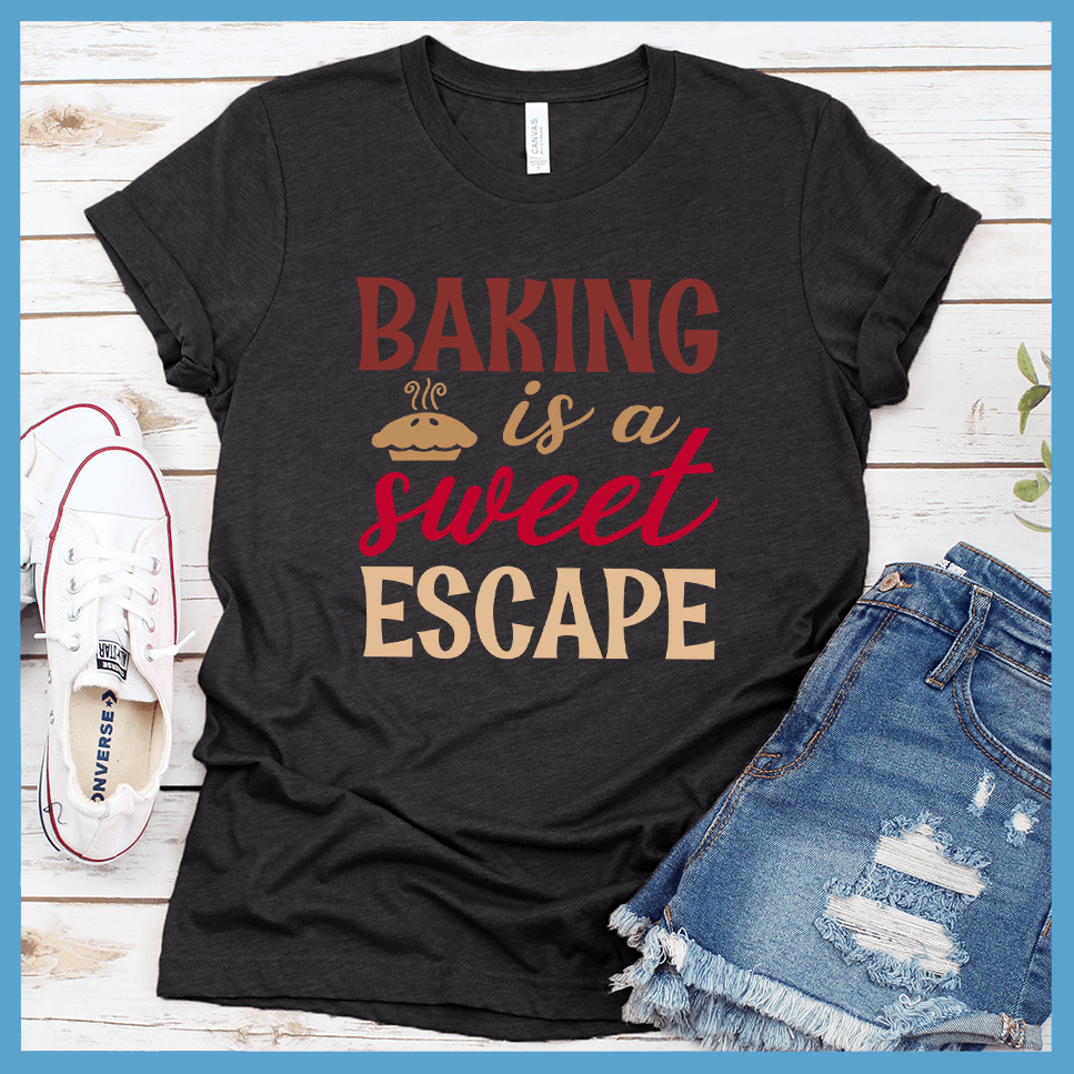 Baking Is A Sweet Escape T-Shirt Colored Edition Dark Grey Heather - Fun "Baking Is A Sweet Escape" typography design on a comfortable t-shirt for baking enthusiasts