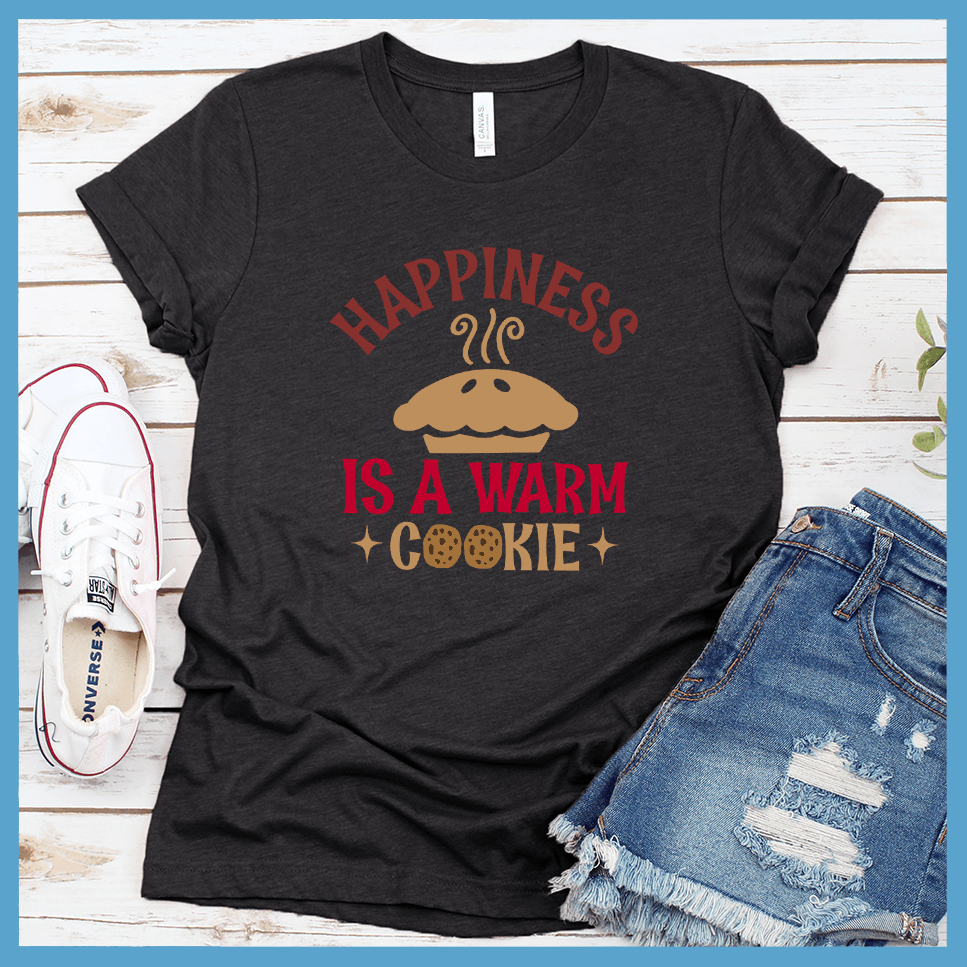 Happiness Is A Warm Cookie T-Shirt  Colored Edition Dark Grey Heather - Fun graphic tee with 'Happiness Is A Warm Cookie' message, perfect for all-season casual wear.