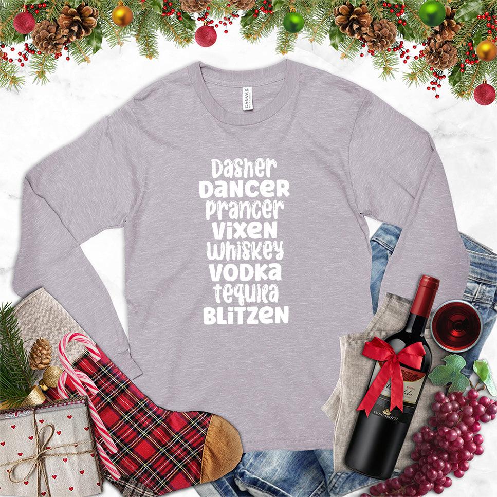 Dasher Dancer Prancer Vixen Whiskey Long Sleeves Storm - Holiday themed long sleeve shirt with playful reindeer and spirits list design.
