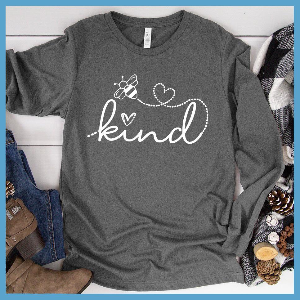 Bee Kind Long Sleeves Deep Heather - Graphic Bee Kind long sleeve tee with heart design promoting positivity and kindness.