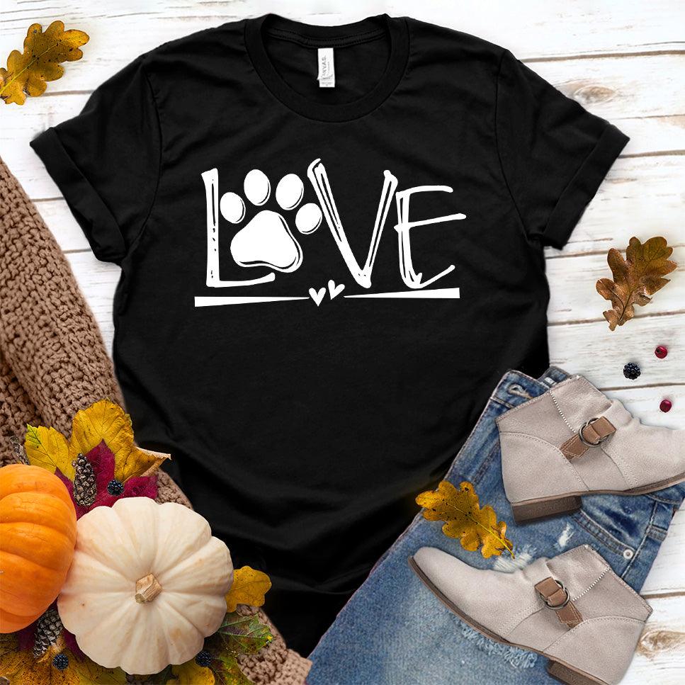 Dog Love T-Shirt Black - Stylish Dog Love T-Shirt with a paw print and heart design, great for dog owners