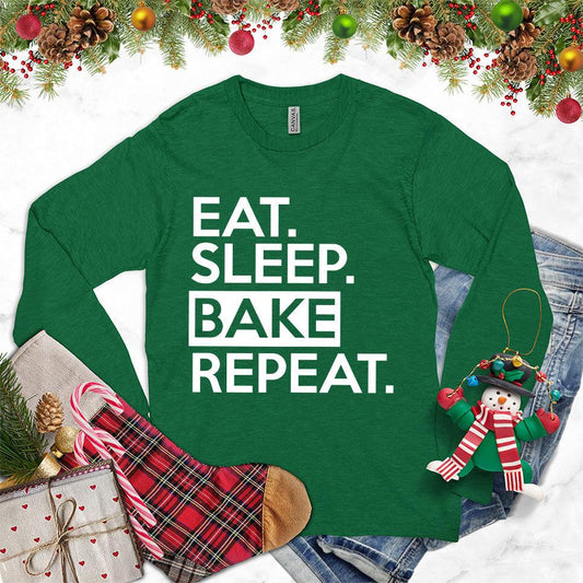 Eat Sleep Bake Repeat Long Sleeves Kelly - Fun long-sleeve shirt with "Eat Sleep Bake Repeat" slogan for baking lovers