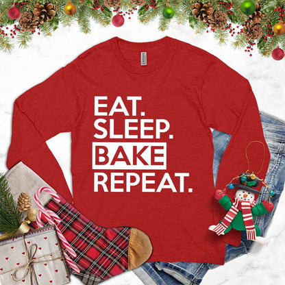 Eat Sleep Bake Repeat Long Sleeves Red - Fun long-sleeve shirt with "Eat Sleep Bake Repeat" slogan for baking lovers