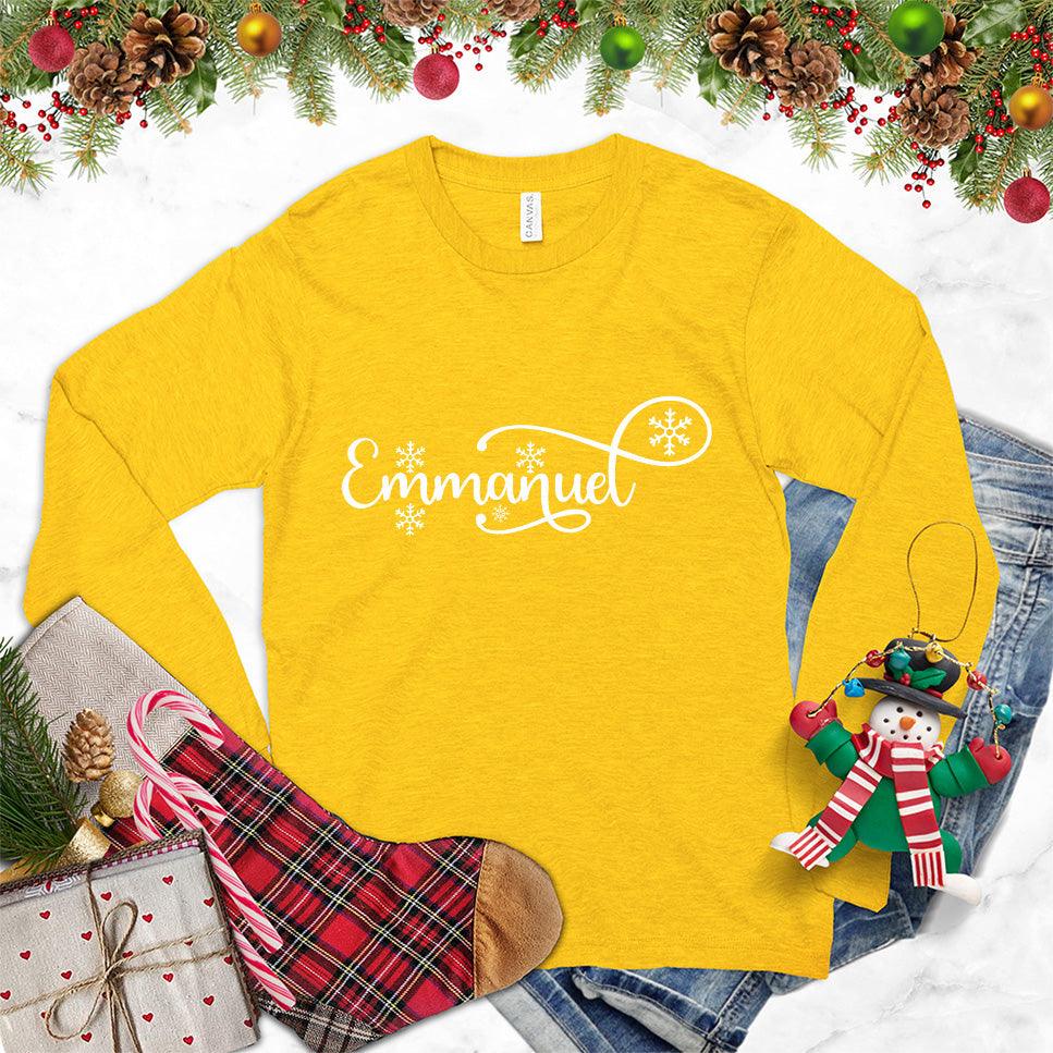 Emmanuel Long Sleeves Gold - Elegant script "Emmanuel" design on long sleeve unisex tee for all seasons.