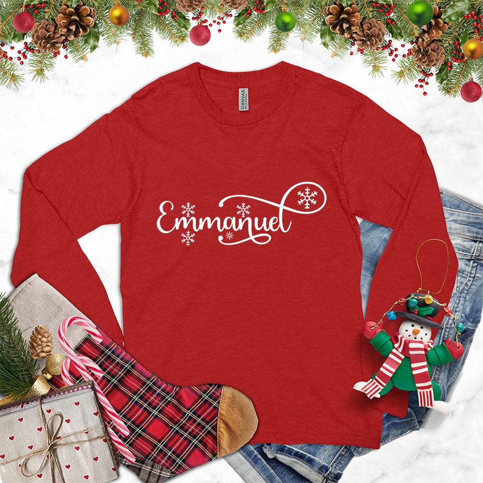 Emmanuel Long Sleeves Red - Elegant script "Emmanuel" design on long sleeve unisex tee for all seasons.