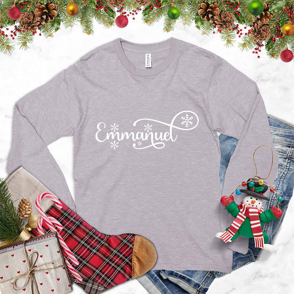 Emmanuel Long Sleeves Storm - Elegant script "Emmanuel" design on long sleeve unisex tee for all seasons.