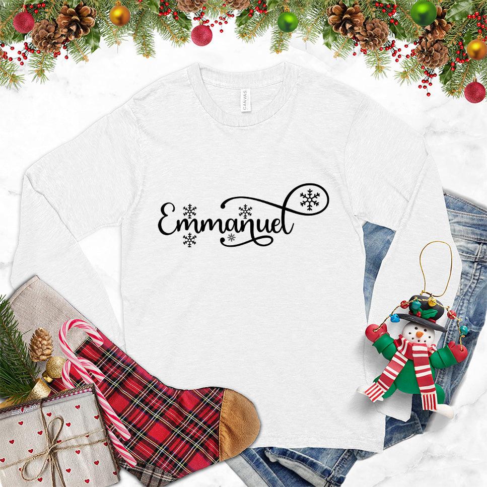 Emmanuel Long Sleeves White - Elegant script "Emmanuel" design on long sleeve unisex tee for all seasons.
