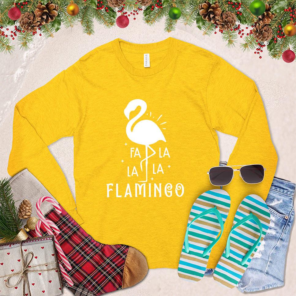 Fa La La La Flamingo Long Sleeves Gold - Playful flamingo with festive Fa La La text on holiday-themed long sleeve shirt