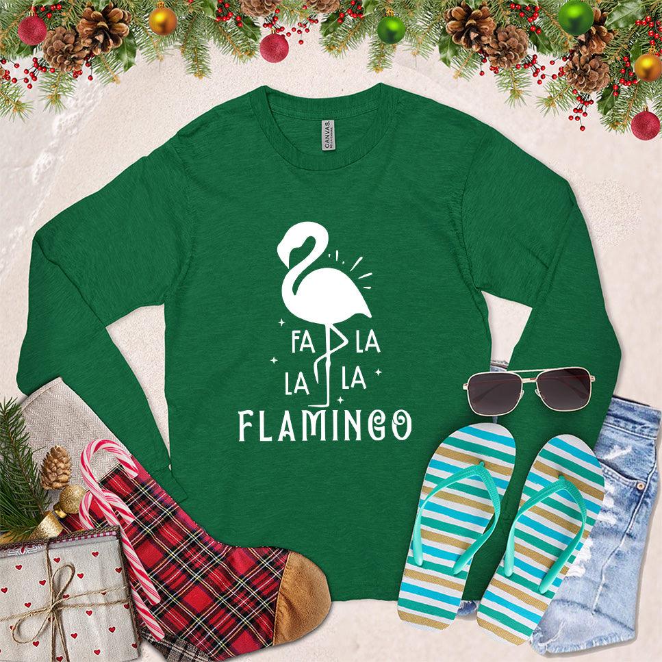 Fa La La La Flamingo Long Sleeves Kelly - Playful flamingo with festive Fa La La text on holiday-themed long sleeve shirt