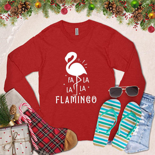 Fa La La La Flamingo Long Sleeves Red - Playful flamingo with festive Fa La La text on holiday-themed long sleeve shirt