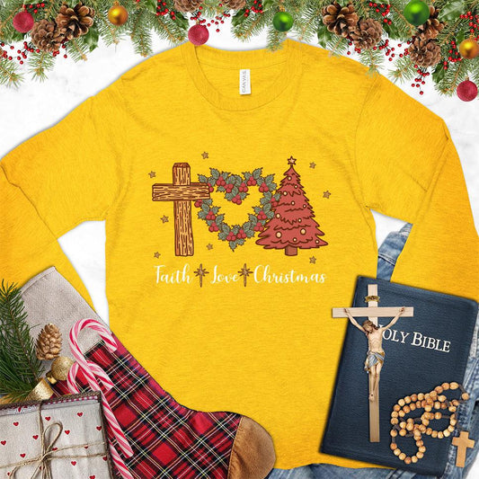 Faith Love Christmas Colored Edition Long Sleeves Gold - Holiday-inspired long sleeve tee with Christmas tree and cross design.