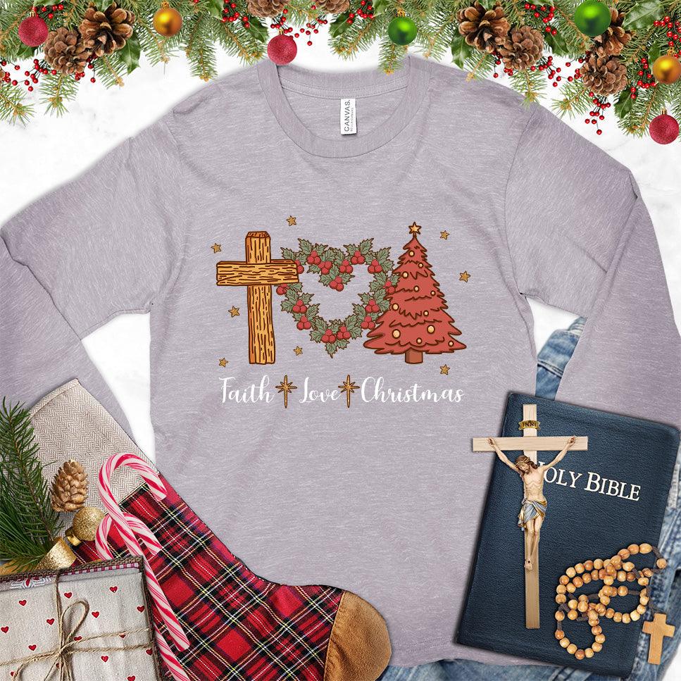 Faith Love Christmas Colored Edition Long Sleeves Storm - Holiday-inspired long sleeve tee with Christmas tree and cross design.